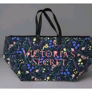 Victoria's Secret Floral Tote Bag Zip Closure Black Beach Travel Weekender Nice!